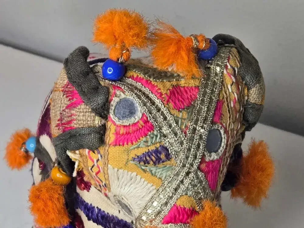 Vintage Handcrafted Indian Folk Art Patchwork Embroidered Beaded Elephant Figure